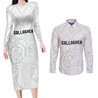 New Zealand Rangatira Custom Couples Matching Long Sleeve Bodycon Dress and Long Sleeve Button Shirt All White Niho Taniwha Maori Tribal