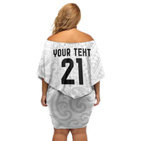 New Zealand Rangatira Custom Family Matching Off Shoulder Short Dress and Hawaiian Shirt All White Niho Taniwha Maori Tribal