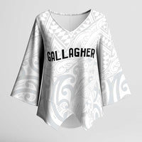 New Zealand Rangatira Custom Kimono Sleeve Blouse All White Niho Taniwha Maori Tribal LT9 Female White - Polynesian Pride