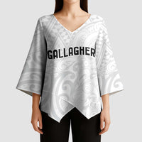 New Zealand Rangatira Custom Kimono Sleeve Blouse All White Niho Taniwha Maori Tribal LT9 - Polynesian Pride