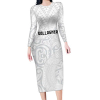 New Zealand Rangatira Custom Long Sleeve Bodycon Dress All White Niho Taniwha Maori Tribal LT9 Long Dress White - Polynesian Pride