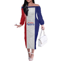 New Zealand Rugby Pacific Personalised Off The Shoulder Long Sleeve Dress Maori Style Tribal Tapa Pattern LT9 Women White - Polynesian Pride
