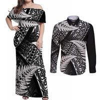 New Zealand Rugby Pacific Personalised Couples Matching Off Shoulder Maxi Dress and Long Sleeve Button Shirt All Black Maori Pasifika Fern Pattern LT9 Black - Polynesian Pride