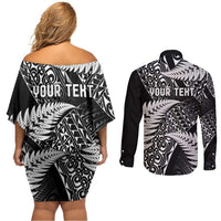 New Zealand Rugby Pacific Personalised Couples Matching Off Shoulder Short Dress and Long Sleeve Button Shirt All Black Maori Pasifika Fern Pattern LT9 - Polynesian Pride