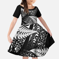 New Zealand Rugby Pacific Personalised Family Matching Off Shoulder Maxi Dress and Hawaiian Shirt All Black Maori Pasifika Fern Pattern LT9 Daughter's Dress Black - Polynesian Pride