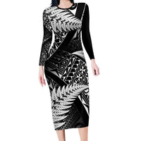 New Zealand Rugby Pacific Personalised Long Sleeve Bodycon Dress All Black Maori Pasifika Fern Pattern LT9 Long Dress Black - Polynesian Pride
