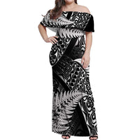 New Zealand Rugby Pacific Personalised Off Shoulder Maxi Dress All Black Maori Pasifika Fern Pattern LT9 Women Black - Polynesian Pride