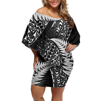 New Zealand Rugby Pacific Personalised Off Shoulder Short Dress All Black Maori Pasifika Fern Pattern LT9 Women Black - Polynesian Pride