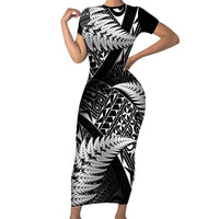 New Zealand Rugby Pacific Personalised Short Sleeve Bodycon Dress All Black Maori Pasifika Fern Pattern LT9 Long Dress Black - Polynesian Pride