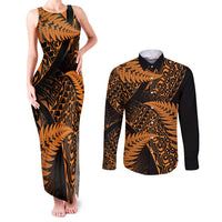 New Zealand Rugby Pacific Personalised Couples Matching Tank Maxi Dress and Long Sleeve Button Shirt All Gold Maori Pasifika Fern Pattern LT9 Gold - Polynesian Pride