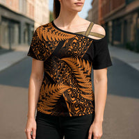 New Zealand Rugby Pacific Personalised Cross Shoulder Shirt All Gold Maori Pasifika Fern Pattern LT9 - Polynesian Pride
