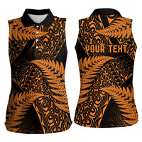 New Zealand Rugby Pacific Personalised Women Sleeveless Polo Shirt All Gold Maori Pasifika Fern Pattern LT9 - Polynesian Pride