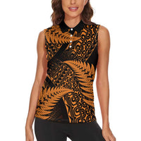 New Zealand Rugby Pacific Personalised Women Sleeveless Polo Shirt All Gold Maori Pasifika Fern Pattern LT9 - Polynesian Pride