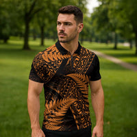 New Zealand Rugby Pacific Personalised Zipper Polo Shirt All Gold Maori Pasifika Fern Pattern LT9 - Polynesian Pride