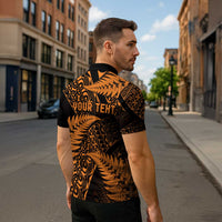New Zealand Rugby Pacific Personalised Zipper Polo Shirt All Gold Maori Pasifika Fern Pattern LT9 - Polynesian Pride