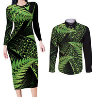 New Zealand Rugby Pacific Personalised Couples Matching Long Sleeve Bodycon Dress and Long Sleeve Button Shirt All Lime Maori Pasifika Fern Pattern LT9 Lime - Polynesian Pride