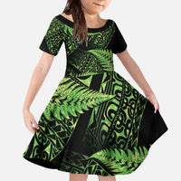 New Zealand Rugby Pacific Personalised Family Matching Off The Shoulder Long Sleeve Dress and Hawaiian Shirt All Lime Maori Pasifika Fern Pattern LT9 Daughter's Dress Lime - Polynesian Pride
