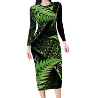 New Zealand Rugby Pacific Personalised Long Sleeve Bodycon Dress All Lime Maori Pasifika Fern Pattern LT9 Long Dress Lime - Polynesian Pride