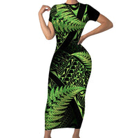 New Zealand Rugby Pacific Personalised Short Sleeve Bodycon Dress All Lime Maori Pasifika Fern Pattern LT9 Long Dress Lime - Polynesian Pride