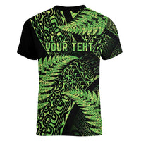 New Zealand Rugby Pacific Personalised Women V-Neck T-Shirt All Lime Maori Pasifika Fern Pattern LT9 - Polynesian Pride