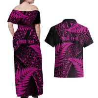 New Zealand Rugby Pacific Personalised Couples Matching Off Shoulder Maxi Dress and Hawaiian Shirt All Pink Maori Pasifika Fern Pattern LT9 - Polynesian Pride