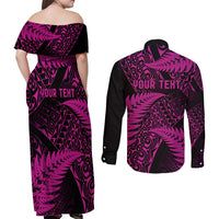 New Zealand Rugby Pacific Personalised Couples Matching Off Shoulder Maxi Dress and Long Sleeve Button Shirt All Pink Maori Pasifika Fern Pattern LT9 - Polynesian Pride