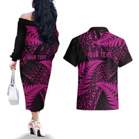 New Zealand Rugby Pacific Personalised Couples Matching Off The Shoulder Long Sleeve Dress and Hawaiian Shirt All Pink Maori Pasifika Fern Pattern LT9 - Polynesian Pride