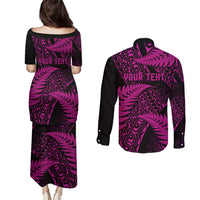 New Zealand Rugby Pacific Personalised Couples Matching Puletasi and Long Sleeve Button Shirt All Pink Maori Pasifika Fern Pattern LT9 - Polynesian Pride