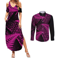 New Zealand Rugby Pacific Personalised Couples Matching Summer Maxi Dress and Long Sleeve Button Shirt All Pink Maori Pasifika Fern Pattern LT9 Pink - Polynesian Pride