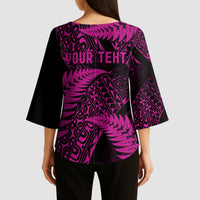 New Zealand Rugby Pacific Personalised Kimono Sleeve Blouse All Pink Maori Pasifika Fern Pattern LT9 - Polynesian Pride