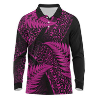 New Zealand Rugby Pacific Personalised Long Sleeve Polo Shirt All Pink Maori Pasifika Fern Pattern LT9 Pink - Polynesian Pride