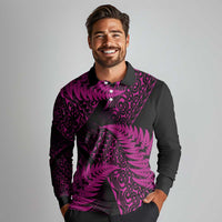 New Zealand Rugby Pacific Personalised Long Sleeve Polo Shirt All Pink Maori Pasifika Fern Pattern LT9 - Polynesian Pride