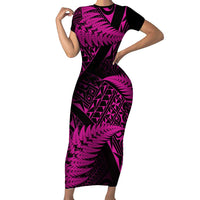 New Zealand Rugby Pacific Personalised Short Sleeve Bodycon Dress All Pink Maori Pasifika Fern Pattern LT9 Long Dress Pink - Polynesian Pride