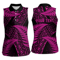 New Zealand Rugby Pacific Personalised Women Sleeveless Polo Shirt All Pink Maori Pasifika Fern Pattern LT9 - Polynesian Pride