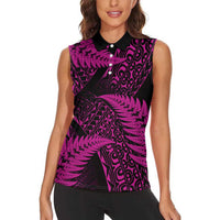 New Zealand Rugby Pacific Personalised Women Sleeveless Polo Shirt All Pink Maori Pasifika Fern Pattern LT9 - Polynesian Pride