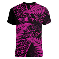New Zealand Rugby Pacific Personalised Women V-Neck T-Shirt All Pink Maori Pasifika Fern Pattern LT9 - Polynesian Pride