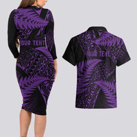 New Zealand Rugby Pacific Personalised Couples Matching Long Sleeve Bodycon Dress and Hawaiian Shirt All Purple Maori Pasifika Fern Pattern LT9 - Polynesian Pride