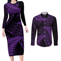 New Zealand Rugby Pacific Personalised Couples Matching Long Sleeve Bodycon Dress and Long Sleeve Button Shirt All Purple Maori Pasifika Fern Pattern LT9 Purple - Polynesian Pride