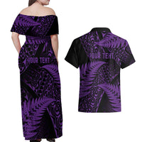 New Zealand Rugby Pacific Personalised Couples Matching Off Shoulder Maxi Dress and Hawaiian Shirt All Purple Maori Pasifika Fern Pattern LT9 - Polynesian Pride