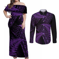 New Zealand Rugby Pacific Personalised Couples Matching Off Shoulder Maxi Dress and Long Sleeve Button Shirt All Purple Maori Pasifika Fern Pattern LT9 Purple - Polynesian Pride