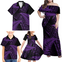 New Zealand Rugby Pacific Personalised Family Matching Off Shoulder Maxi Dress and Hawaiian Shirt All Purple Maori Pasifika Fern Pattern LT9 - Polynesian Pride