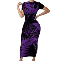 New Zealand Rugby Pacific Personalised Family Matching Short Sleeve Bodycon Dress and Hawaiian Shirt All Purple Maori Pasifika Fern Pattern LT9 Mom's Dress Purple - Polynesian Pride
