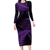 New Zealand Rugby Pacific Personalised Long Sleeve Bodycon Dress All Purple Maori Pasifika Fern Pattern LT9 Long Dress Purple - Polynesian Pride
