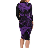 New Zealand Rugby Pacific Personalised Long Sleeve Bodycon Dress All Purple Maori Pasifika Fern Pattern LT9 - Polynesian Pride