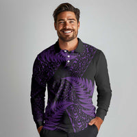 New Zealand Rugby Pacific Personalised Long Sleeve Polo Shirt All Purple Maori Pasifika Fern Pattern LT9 - Polynesian Pride