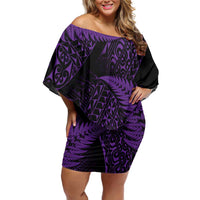New Zealand Rugby Pacific Personalised Off Shoulder Short Dress All Purple Maori Pasifika Fern Pattern LT9 Women Purple - Polynesian Pride