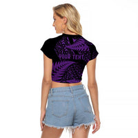 New Zealand Rugby Pacific Personalised Raglan Cropped T Shirt All Purple Maori Pasifika Fern Pattern LT9 - Polynesian Pride