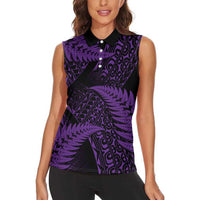 New Zealand Rugby Pacific Personalised Women Sleeveless Polo Shirt All Purple Maori Pasifika Fern Pattern LT9 - Polynesian Pride