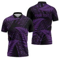 New Zealand Rugby Pacific Personalised Zipper Polo Shirt All Purple Maori Pasifika Fern Pattern LT9 - Polynesian Pride