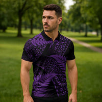 New Zealand Rugby Pacific Personalised Zipper Polo Shirt All Purple Maori Pasifika Fern Pattern LT9 - Polynesian Pride